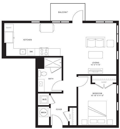 Floor plan for 1 bed, 1 bath, 780 sqft